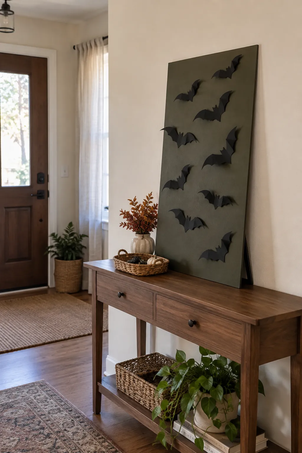 Halloween bat wall arrangement showing a reusable bat display board
