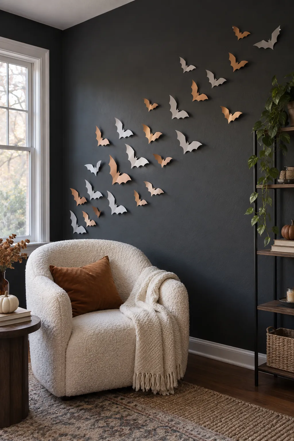 Halloween bat wall arrangement showing pale bats on a dark wall