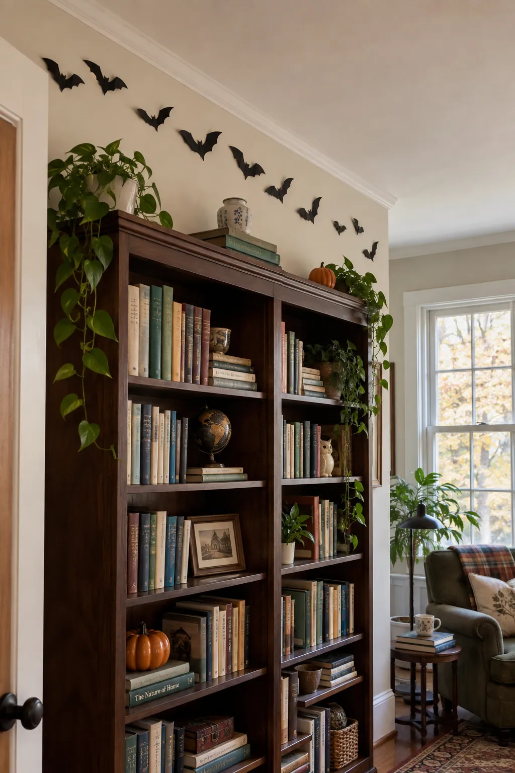 Halloween bat wall arrangement showing a narrow ribbon above a bookshelf