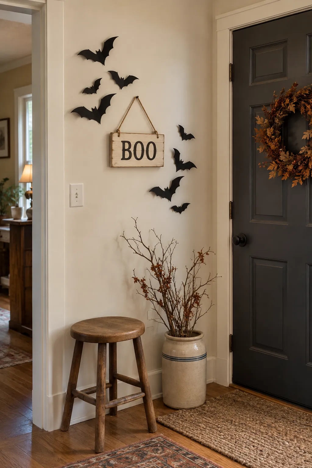 Halloween bat wall arrangement showing bats framing a seasonal sign