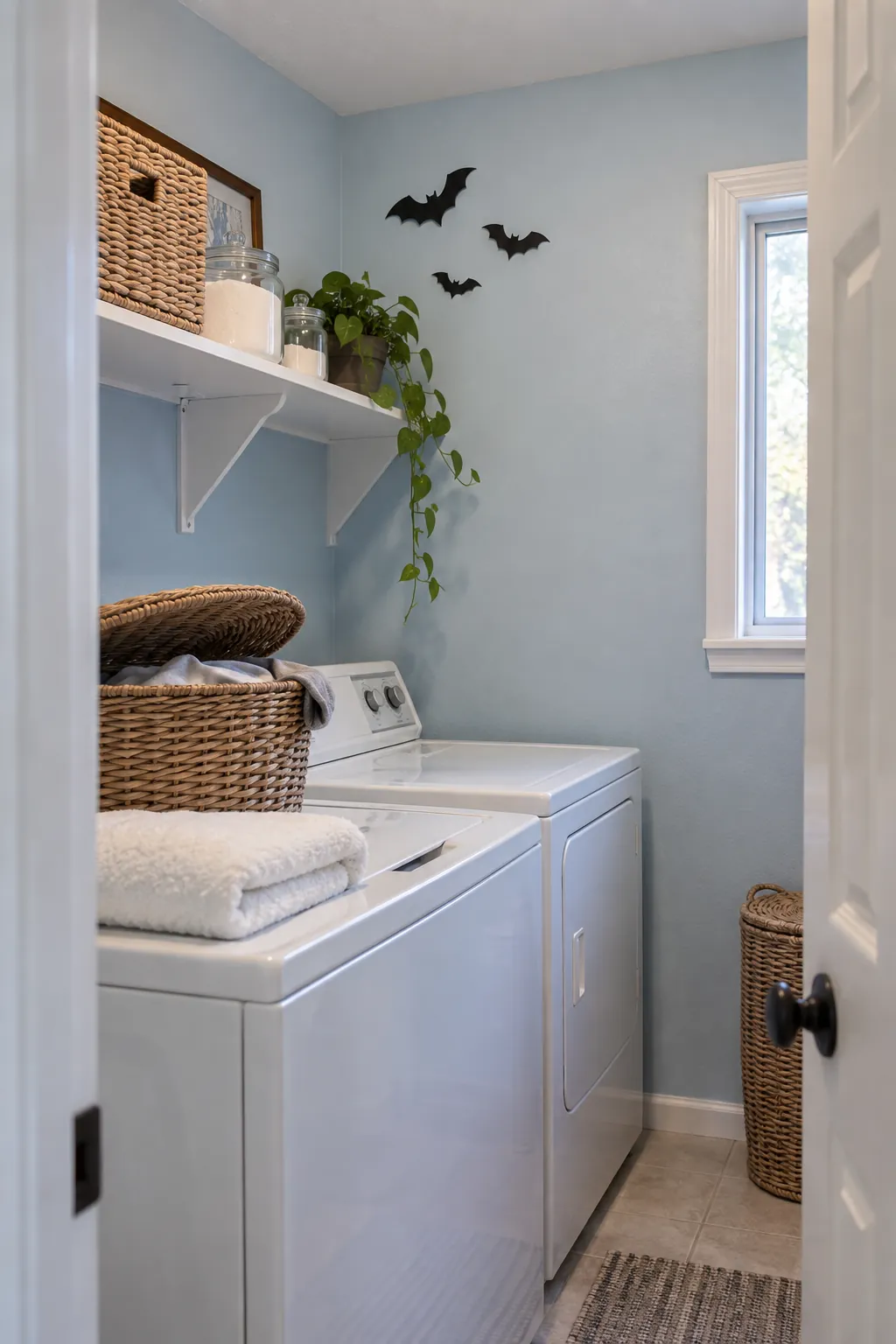 Halloween bat wall arrangement showing a laundry room surprise