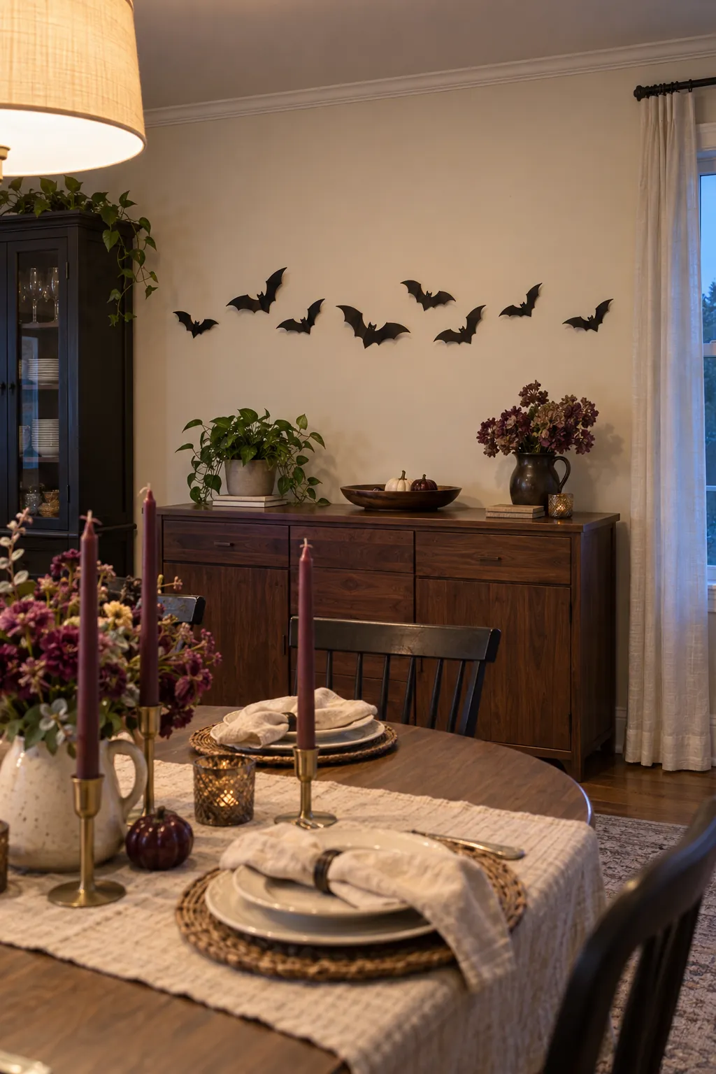 Halloween bat wall arrangement showing a dining wall in candlelight