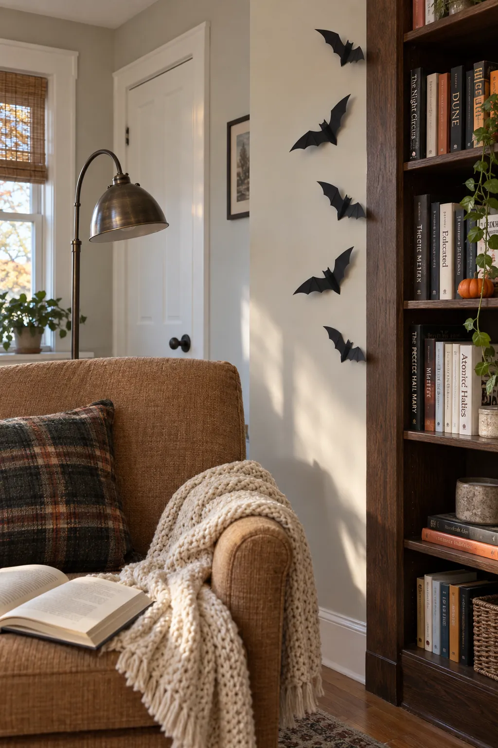 Halloween bat wall arrangement showing layered bats beside a reading nook