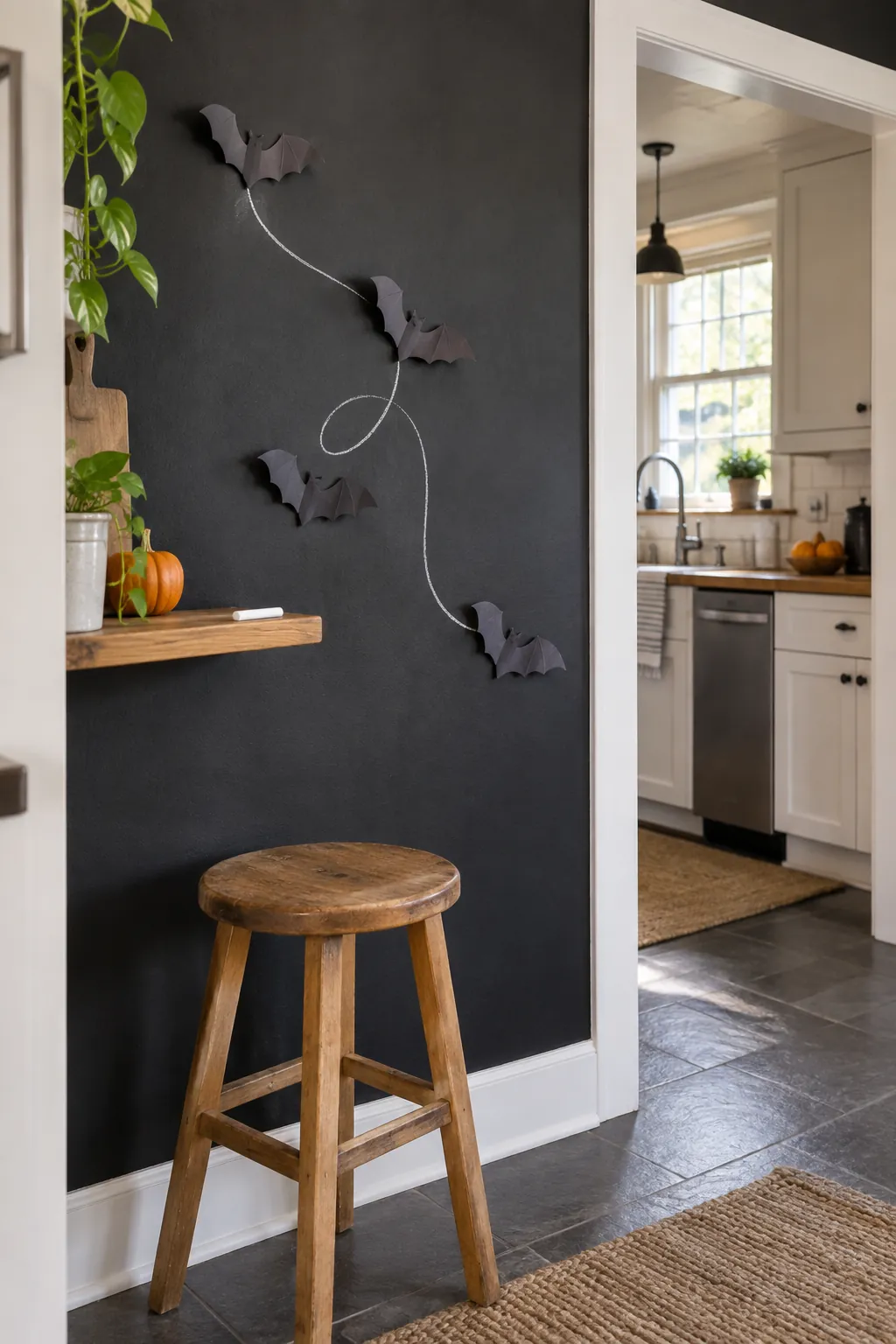 Halloween bat wall arrangement showing a bat trail on a chalkboard wall