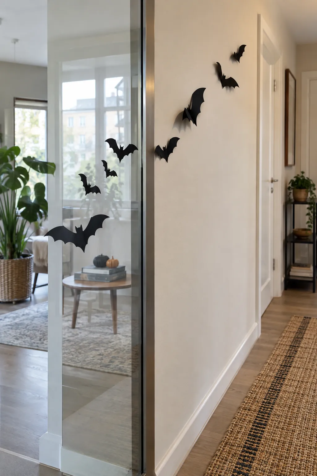 Halloween bat wall arrangement showing a temporary scene on a glass partition