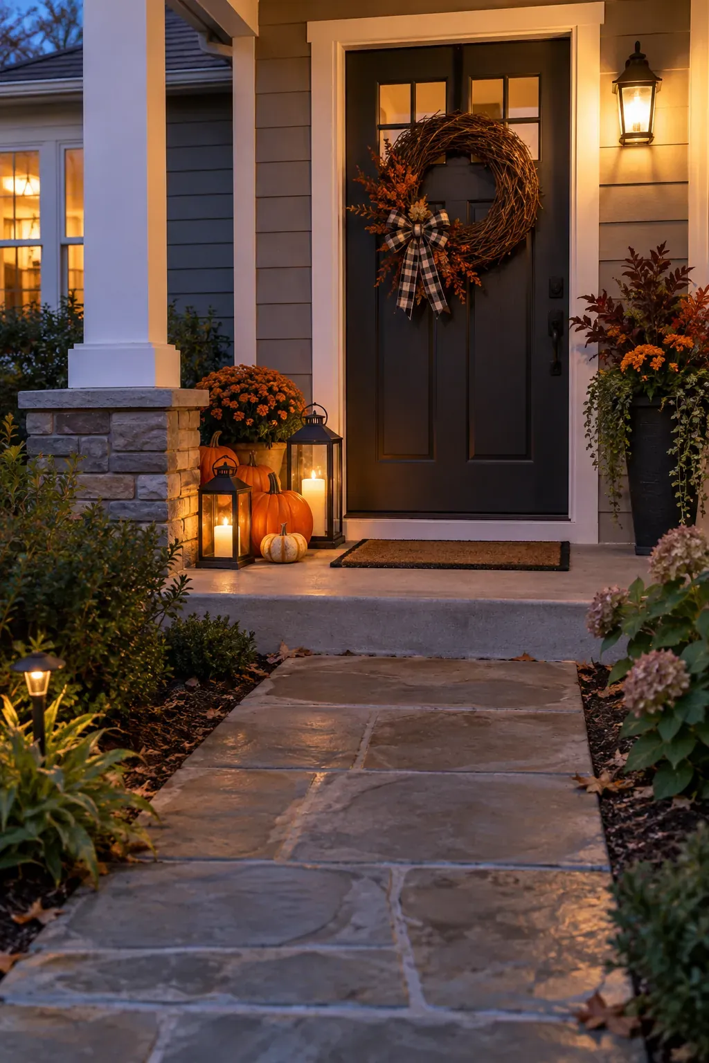 Welcoming outdoor Halloween entryway with a clear lit path and porch decorations