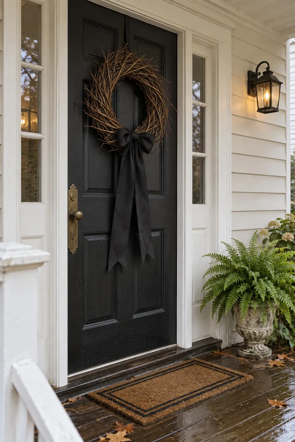 Outdoor Halloween entryway showing a black ribbon wreath with real texture