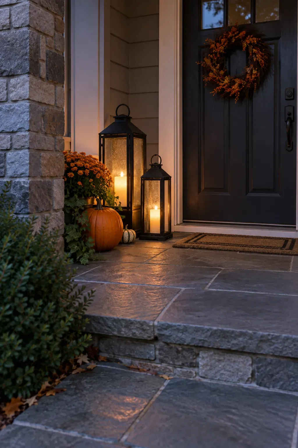 Outdoor Halloween entryway showing a pair of lanterns beside the door
