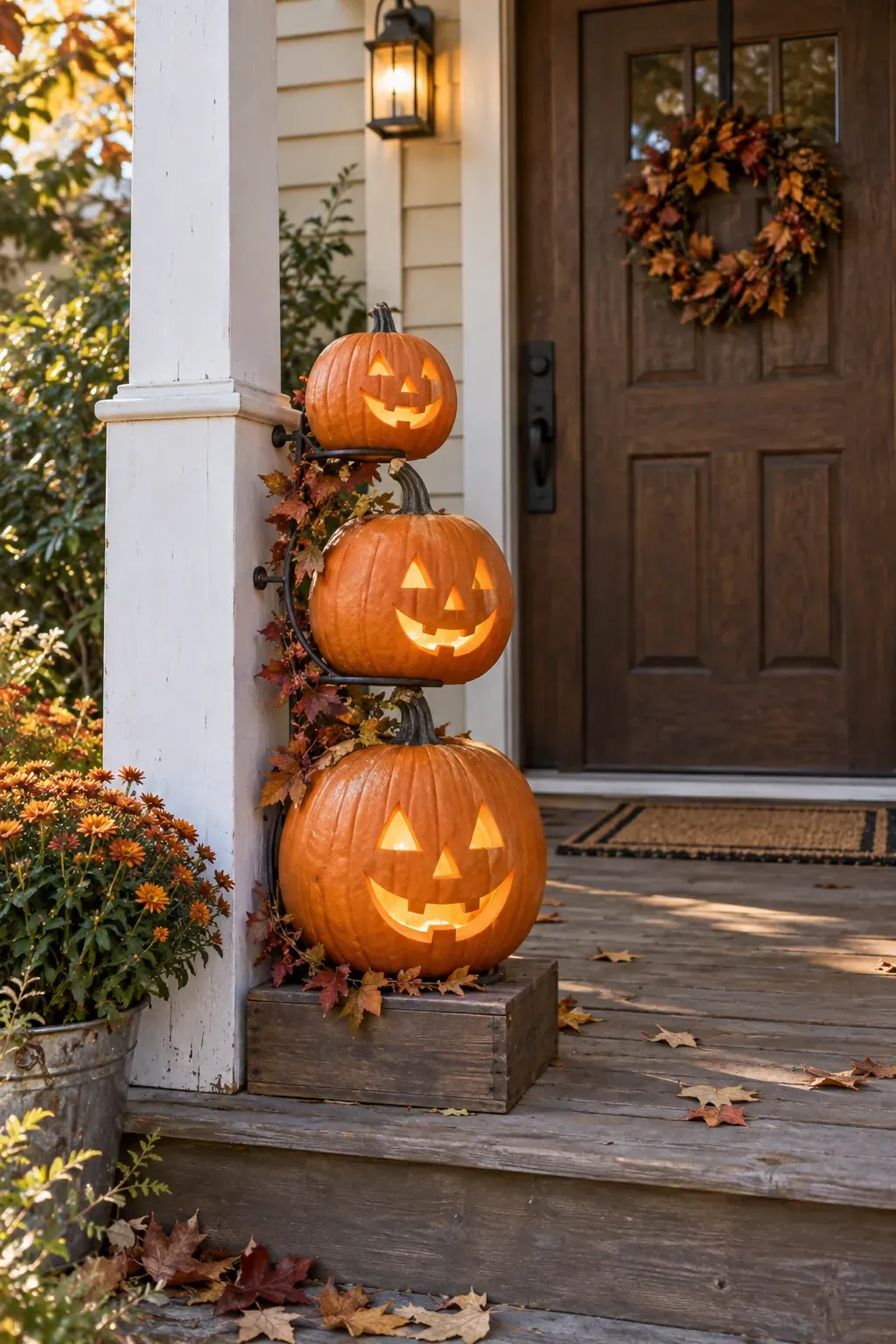 Outdoor Halloween entryway showing a pumpkin stack that stays put