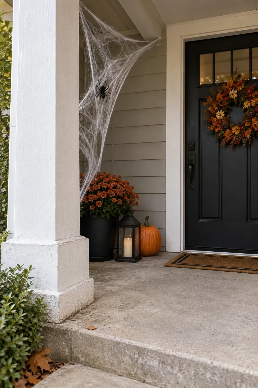 Outdoor Halloween entryway showing cobwebs in a sheltered corner