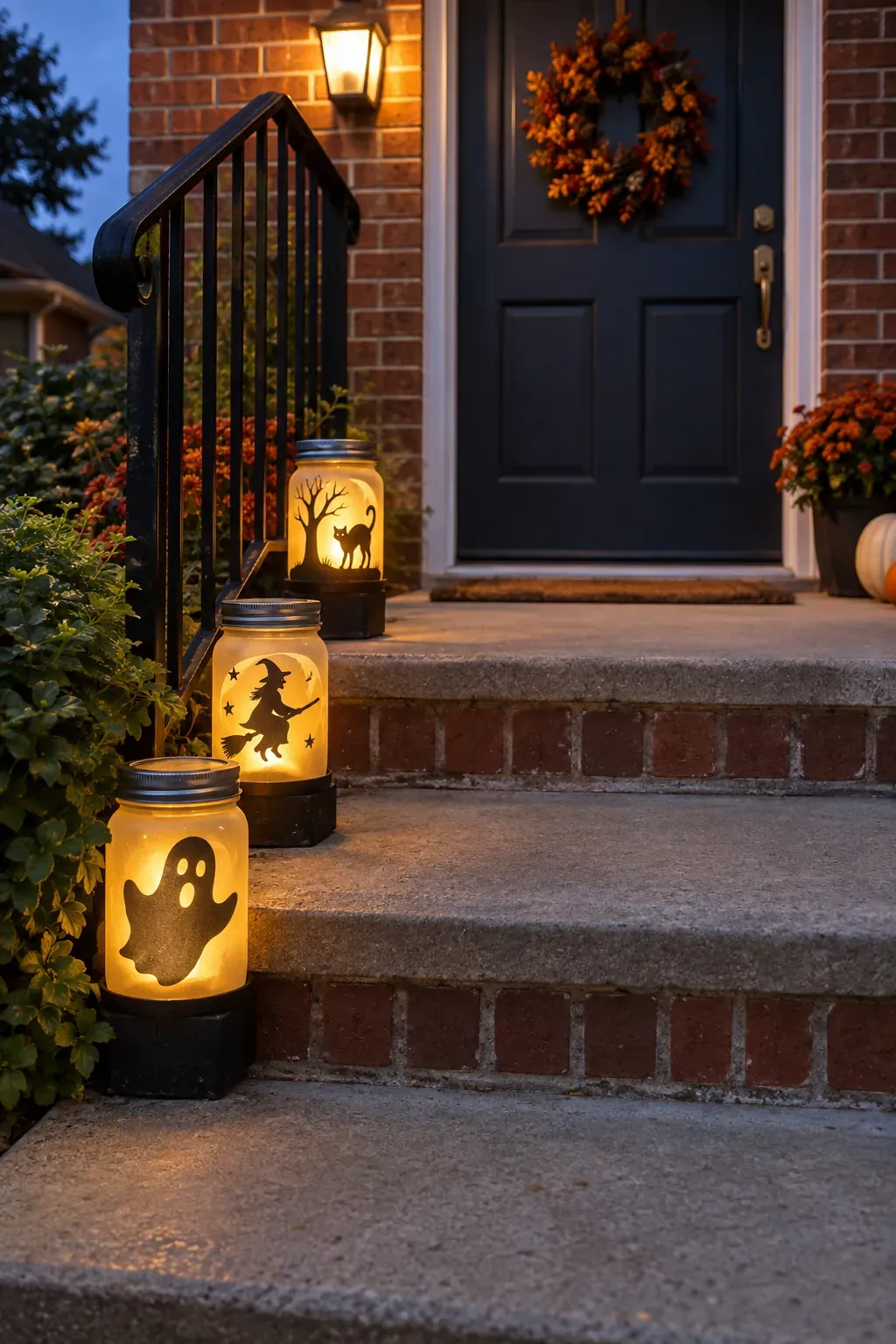 Outdoor Halloween entryway showing glowing jars on a wide step