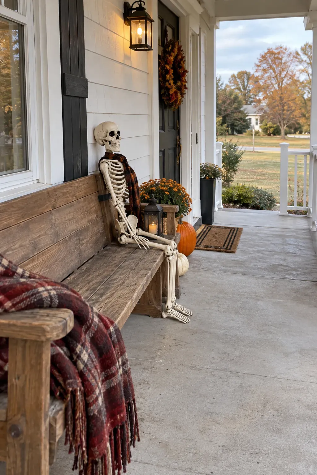 Outdoor Halloween entryway showing a seated skeleton with a purpose