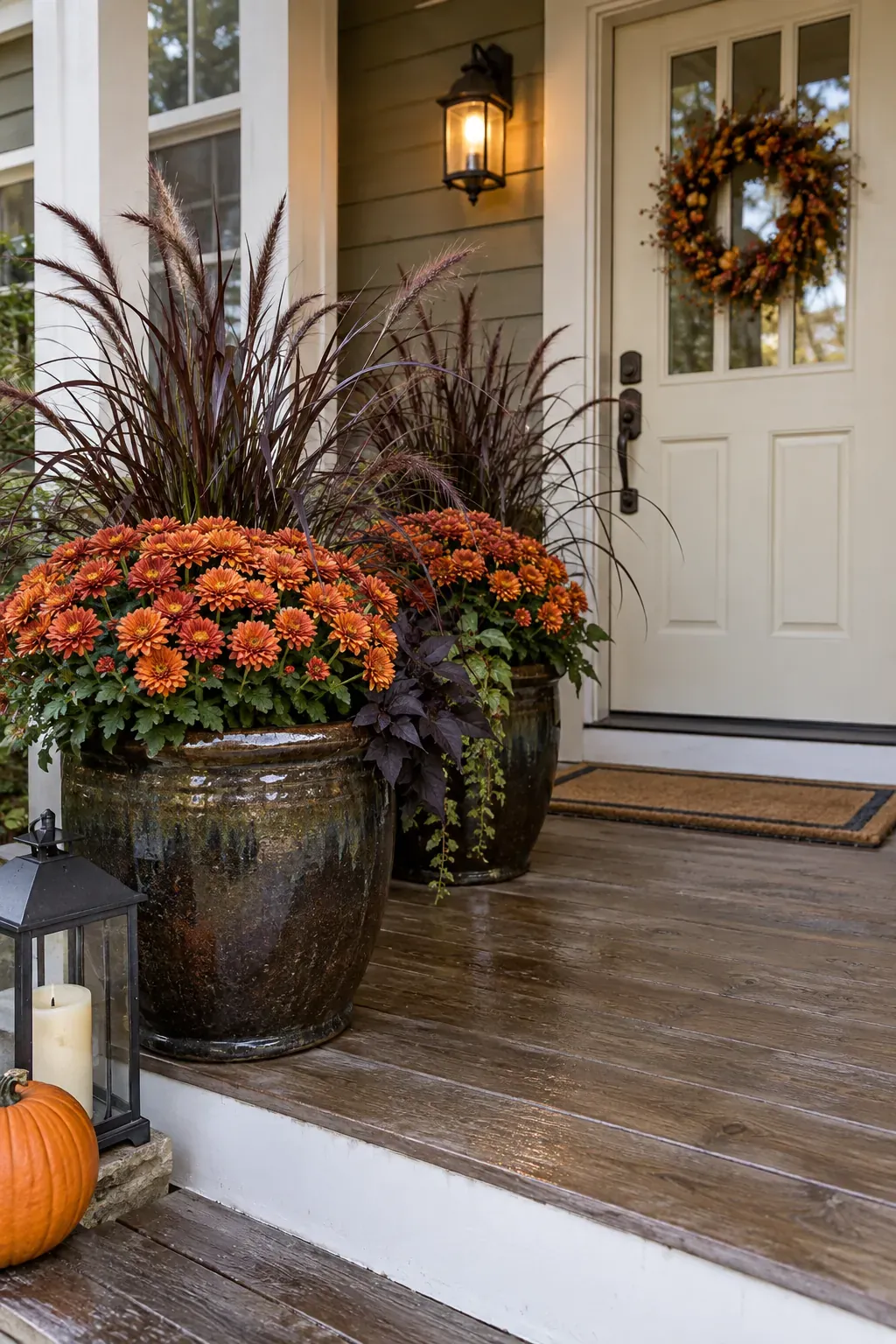 Outdoor Halloween entryway showing weather ready autumn planters
