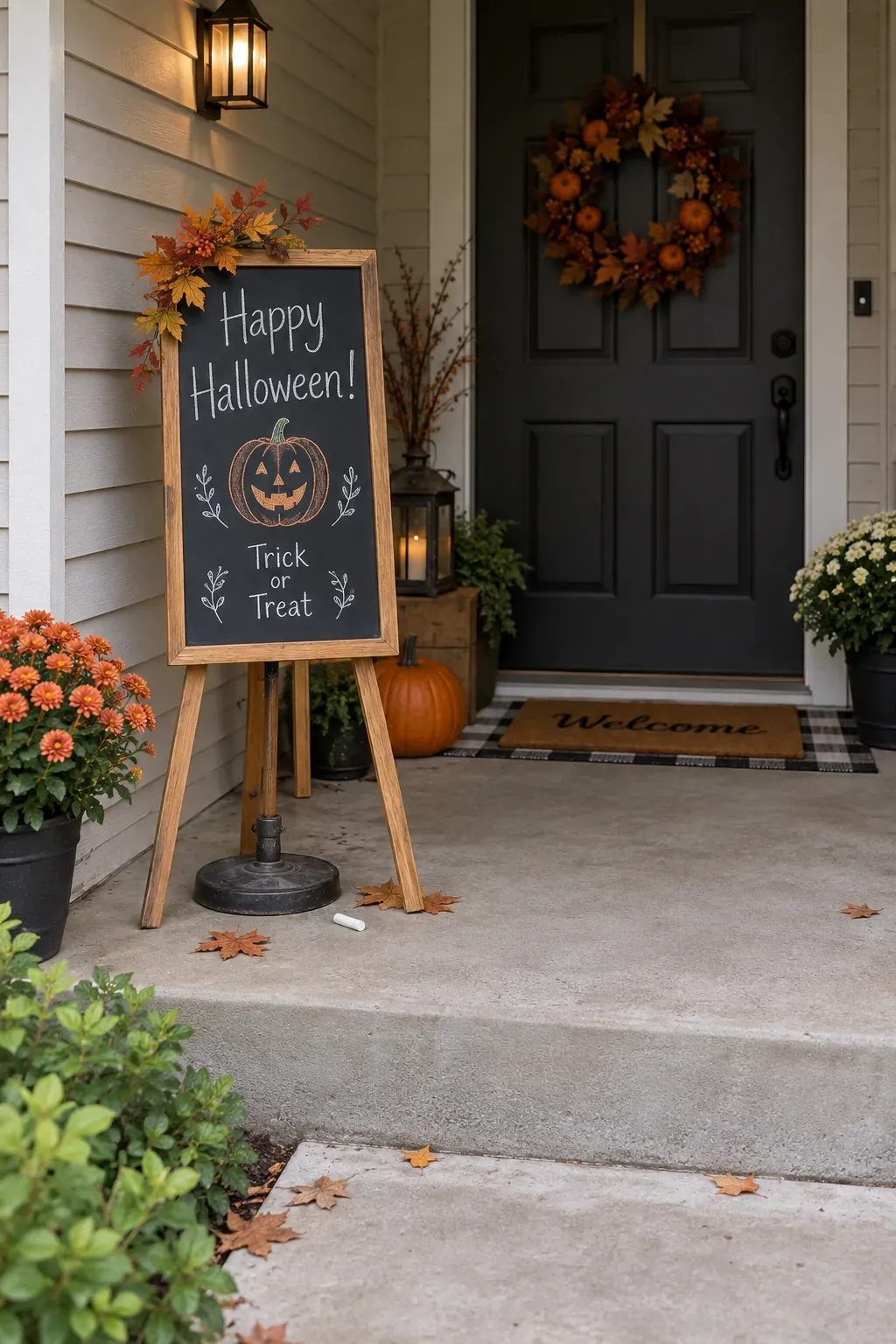 Outdoor Halloween entryway showing a chalkboard beneath the porch roof