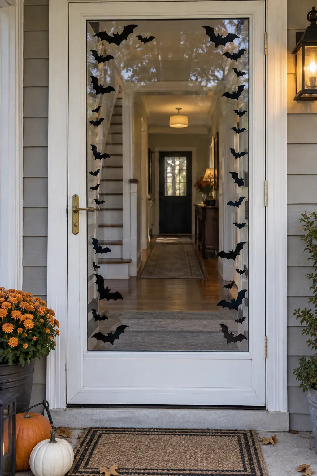 Outdoor Halloween entryway showing bats on a storm door pane
