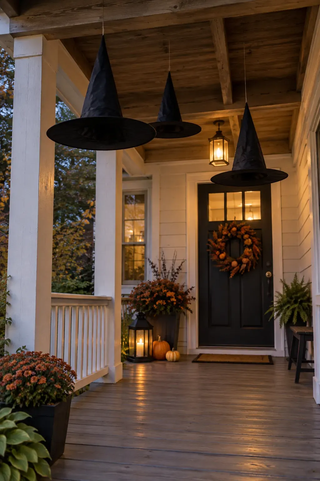 Outdoor Halloween entryway showing hanging witch hats under the eaves