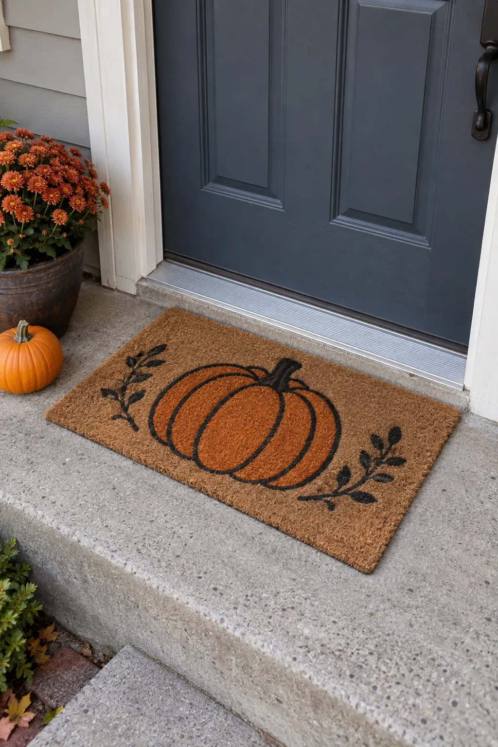Outdoor Halloween entryway showing a halloween mat that still works