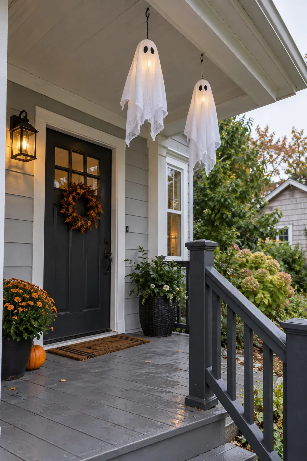 Outdoor Halloween entryway showing soft ghost forms beneath a roof