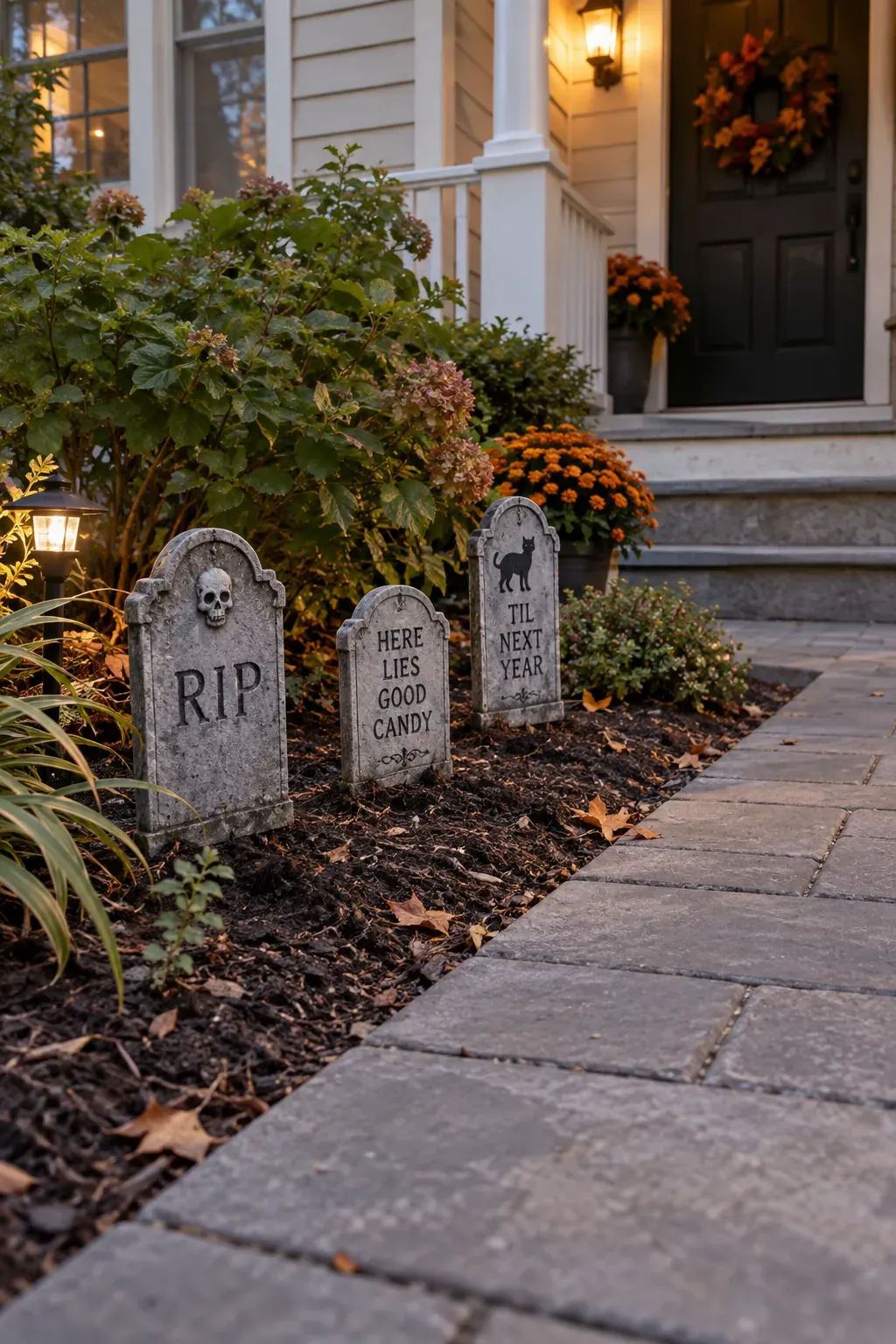 Outdoor Halloween entryway showing mini grave markers in a garden bed