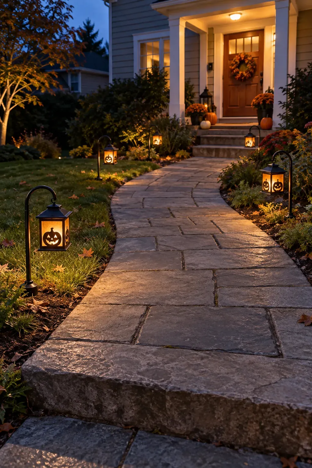 Outdoor Halloween entryway showing a lit route through the front yard