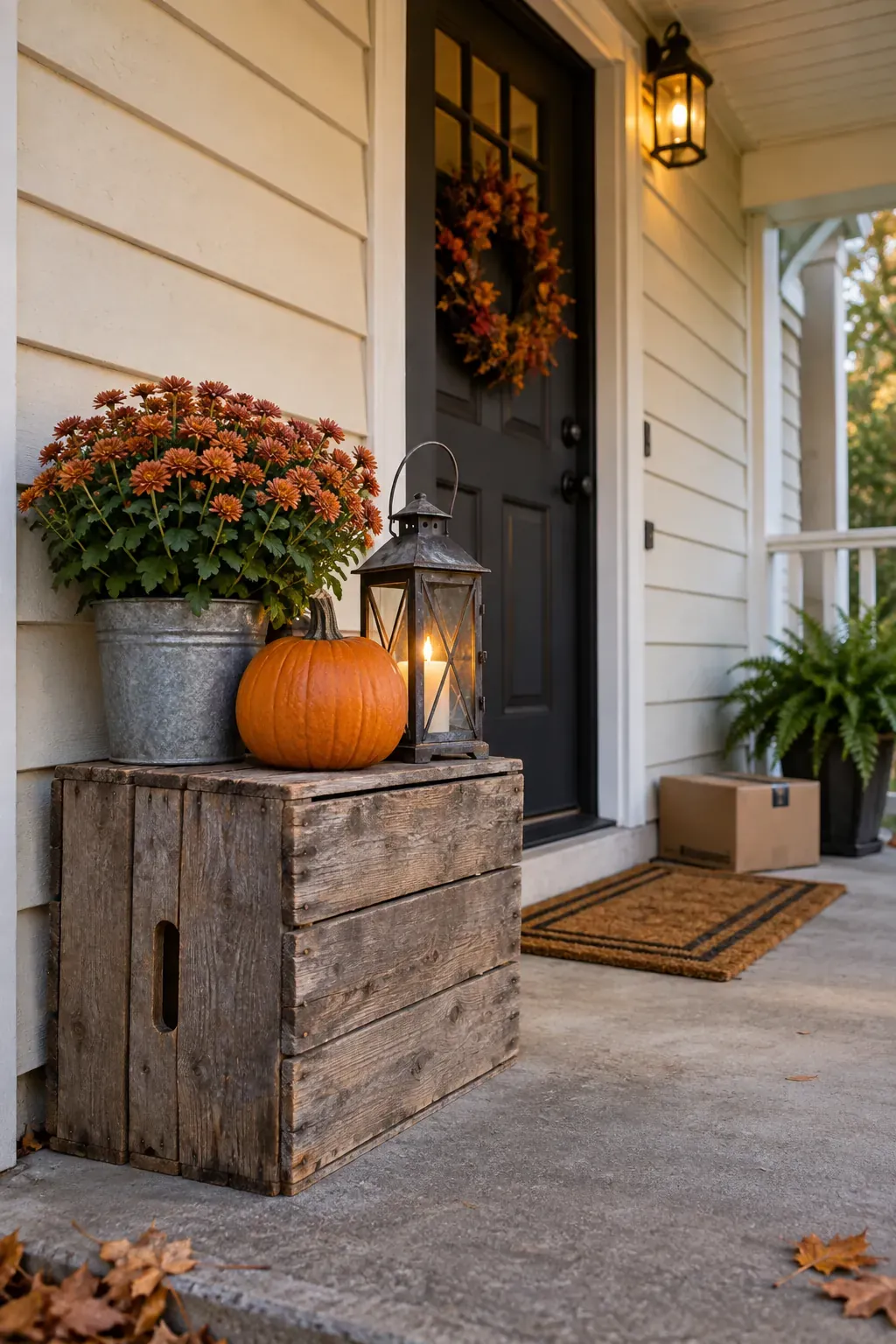 Outdoor Halloween entryway showing a vintage crate on the porch