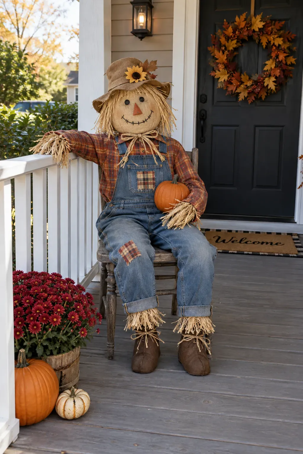 Outdoor Halloween entryway showing a weighted scarecrow by the railing