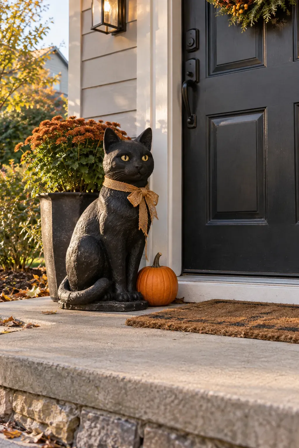 Outdoor Halloween entryway showing a black cat at the doorstep