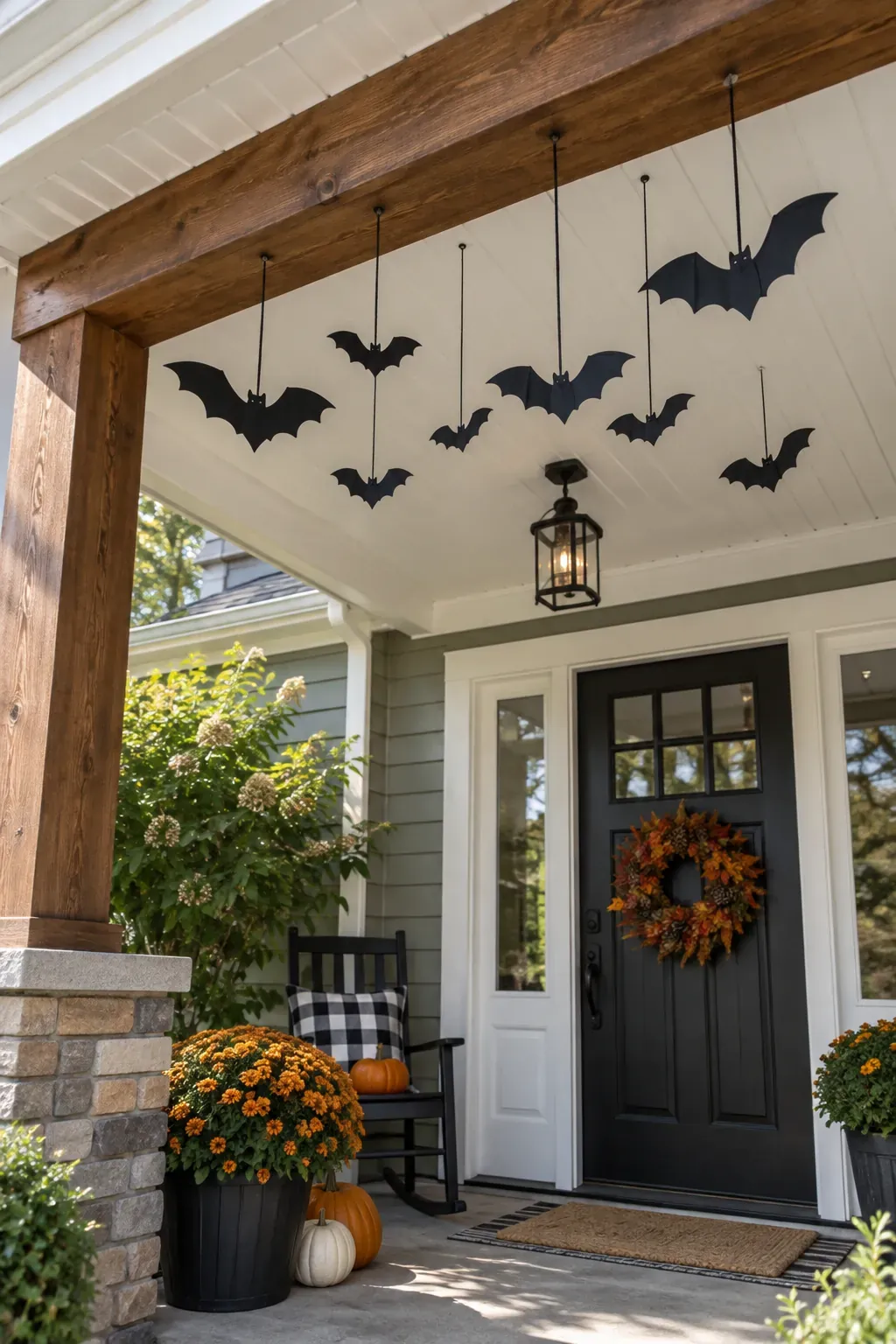 Outdoor Halloween entryway showing bats suspended from a porch beam