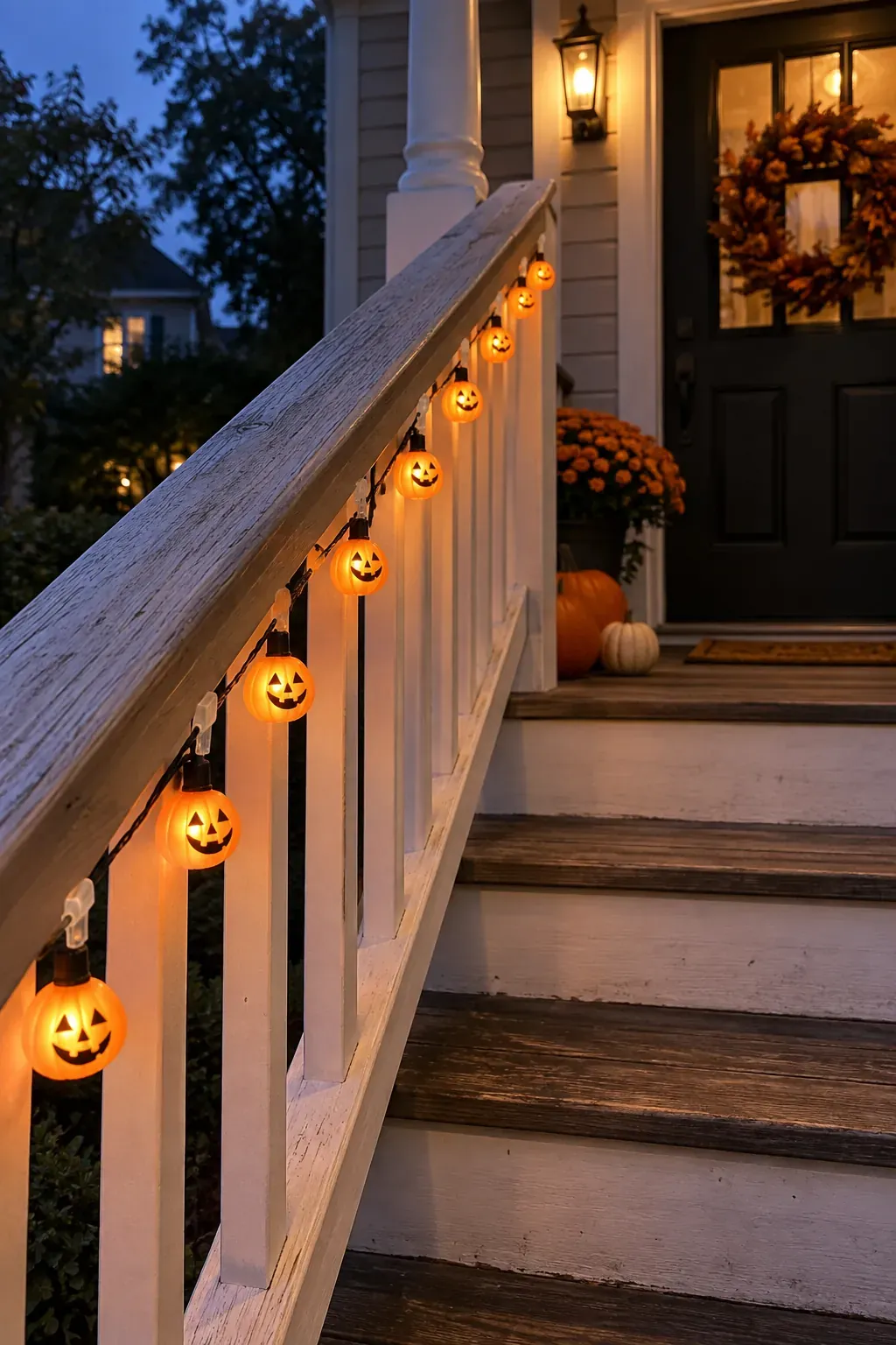 Outdoor Halloween entryway showing pumpkin string lights along the rail
