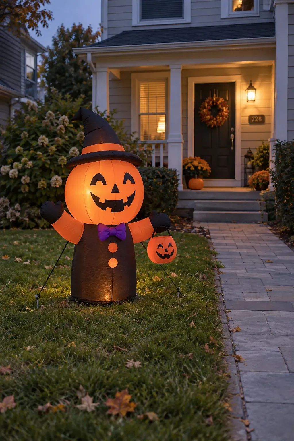 Outdoor Halloween entryway showing one inflatable beyond the path