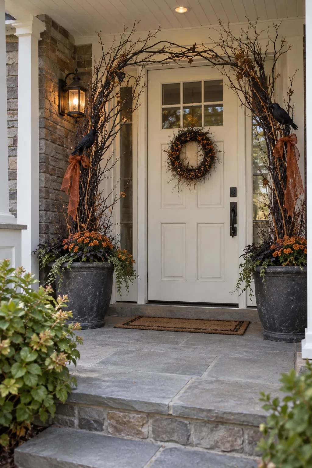 Outdoor Halloween entryway showing a twig frame around the entrance