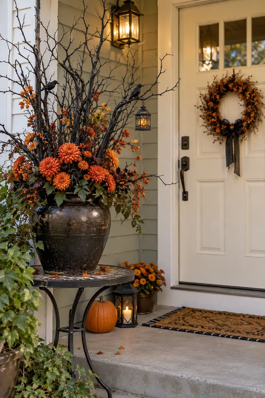 Outdoor Halloween entryway showing dark branches with orange flowers