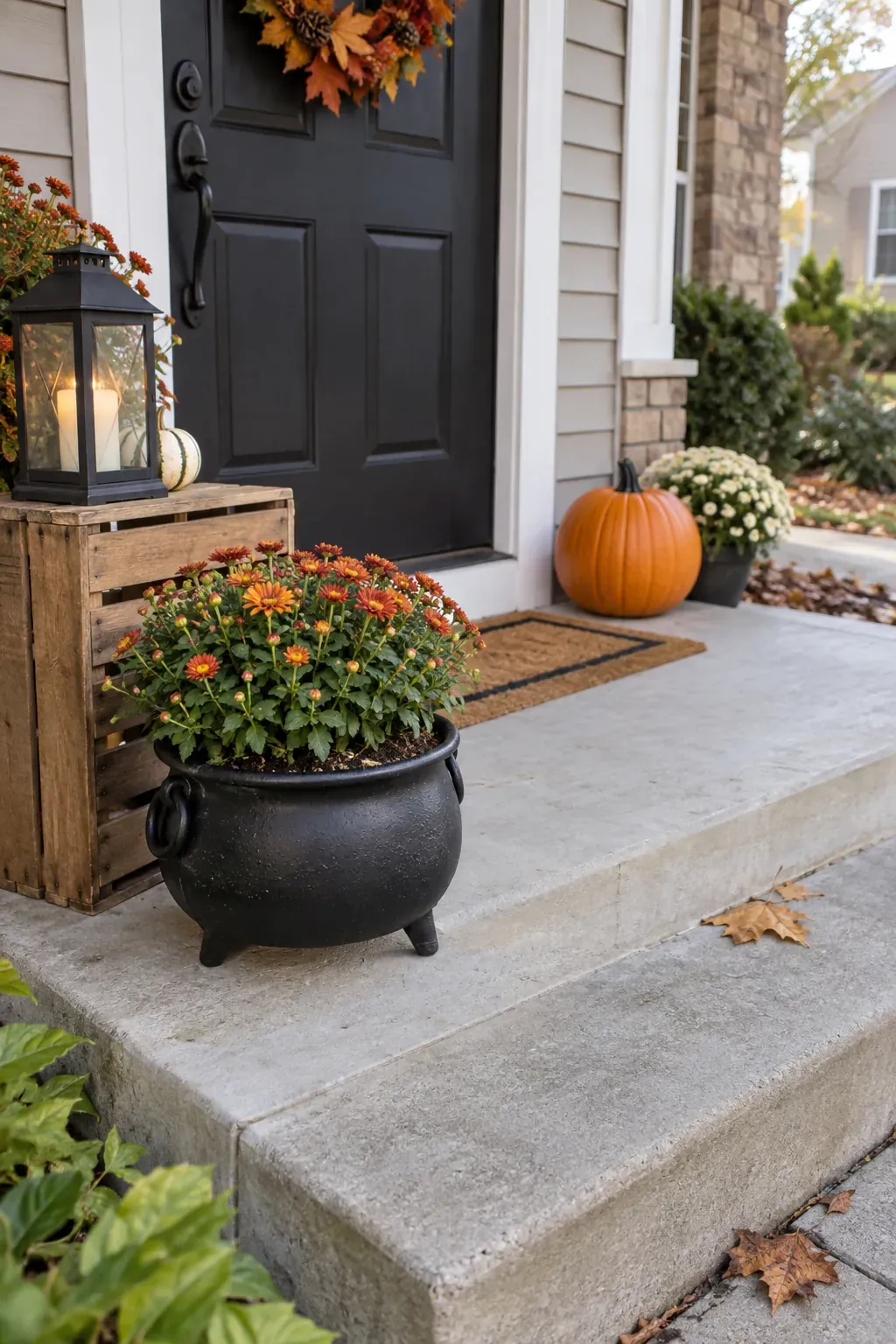 Outdoor Halloween entryway showing a cauldron used as a planter
