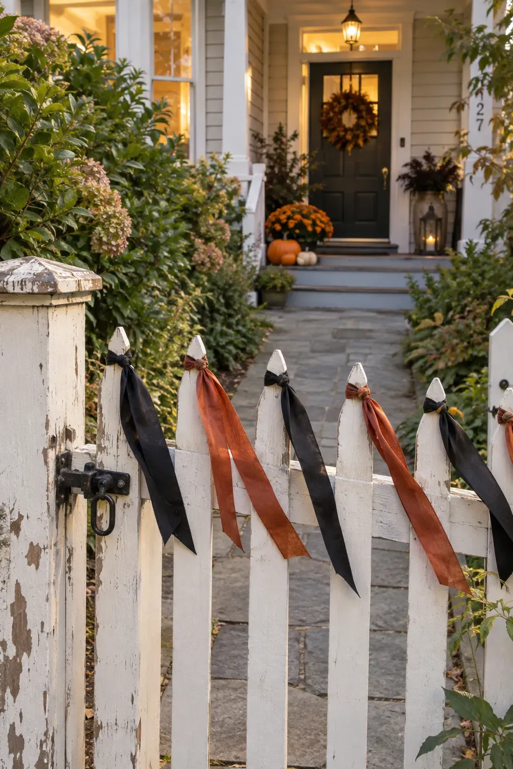Outdoor Halloween entryway showing a ribbon trail along the gate