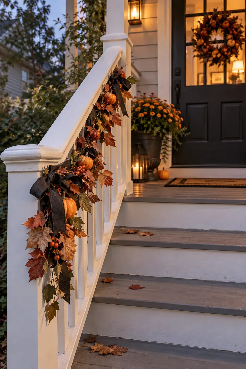 Outdoor Halloween entryway showing a garland on the porch rail