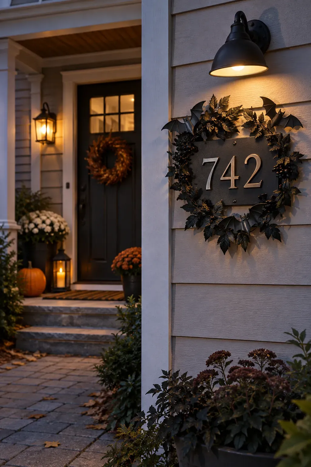 Outdoor Halloween entryway showing house numbers with a clear halo