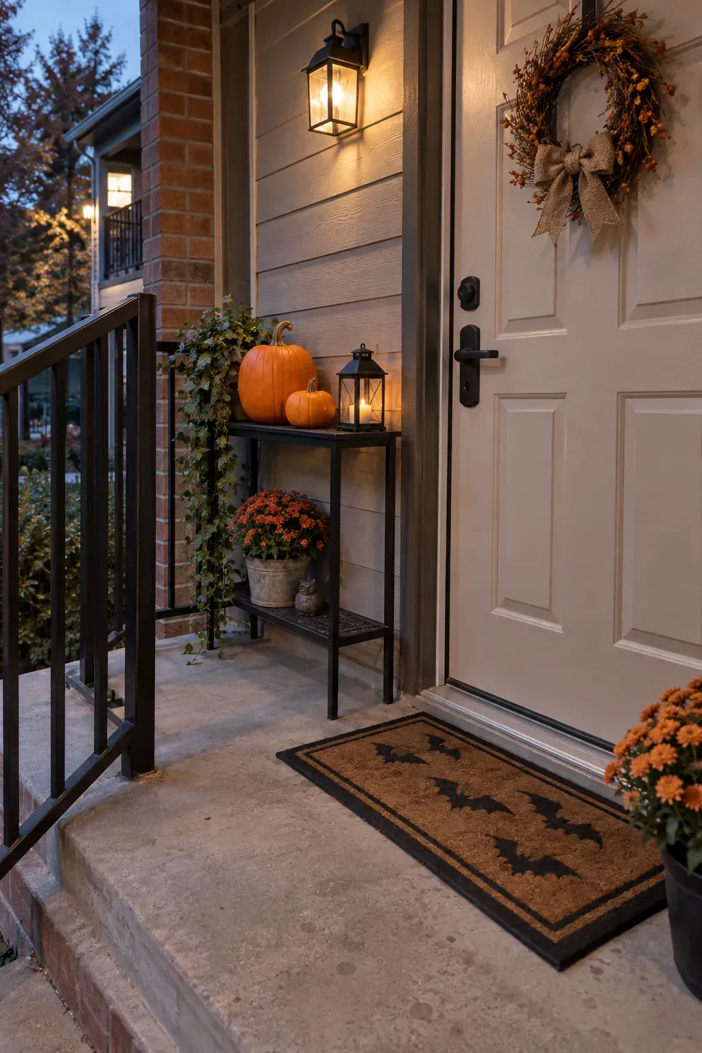 Outdoor Halloween entryway showing a vertical shelf for a tiny porch