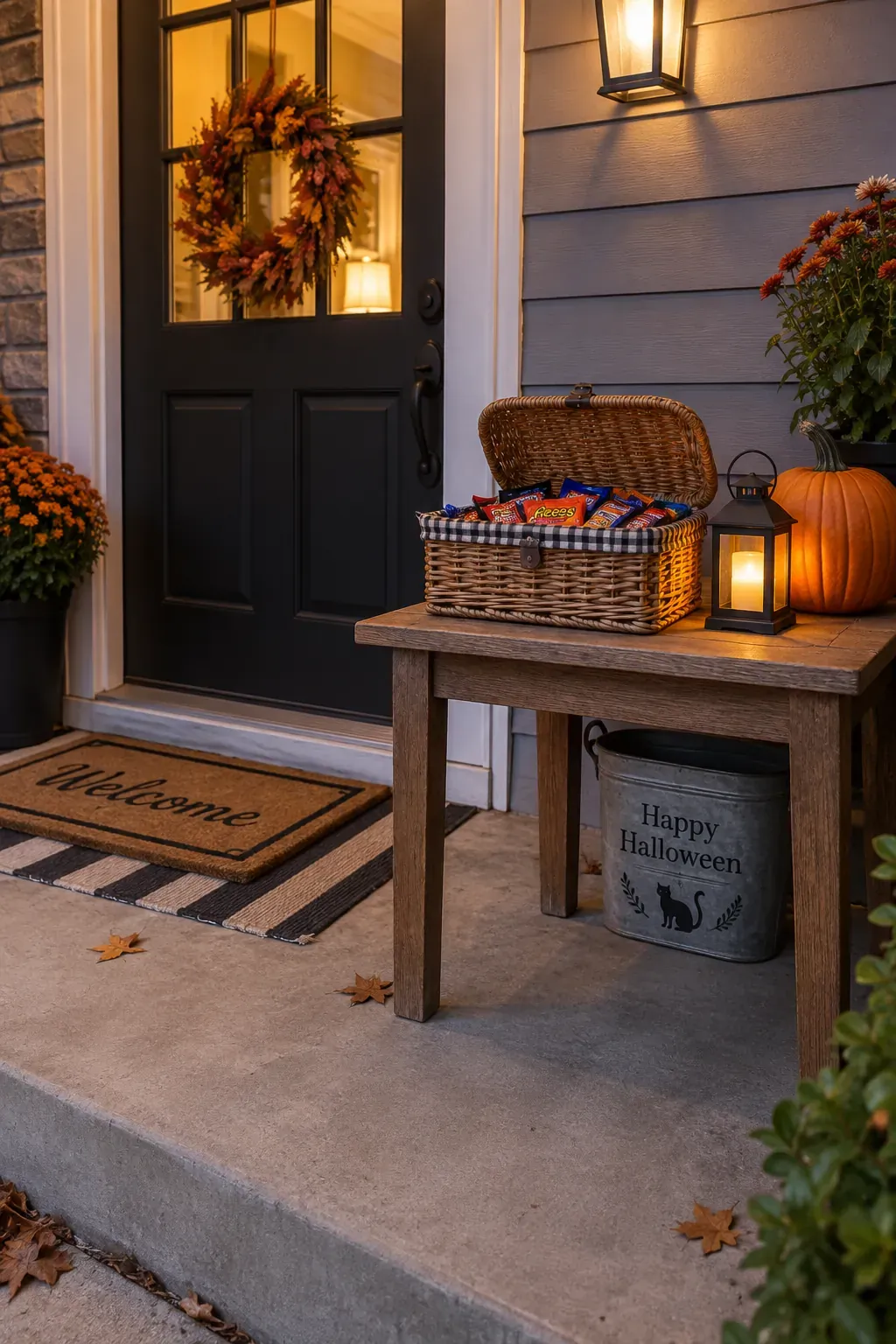 Outdoor Halloween entryway showing a covered treat pickup spot