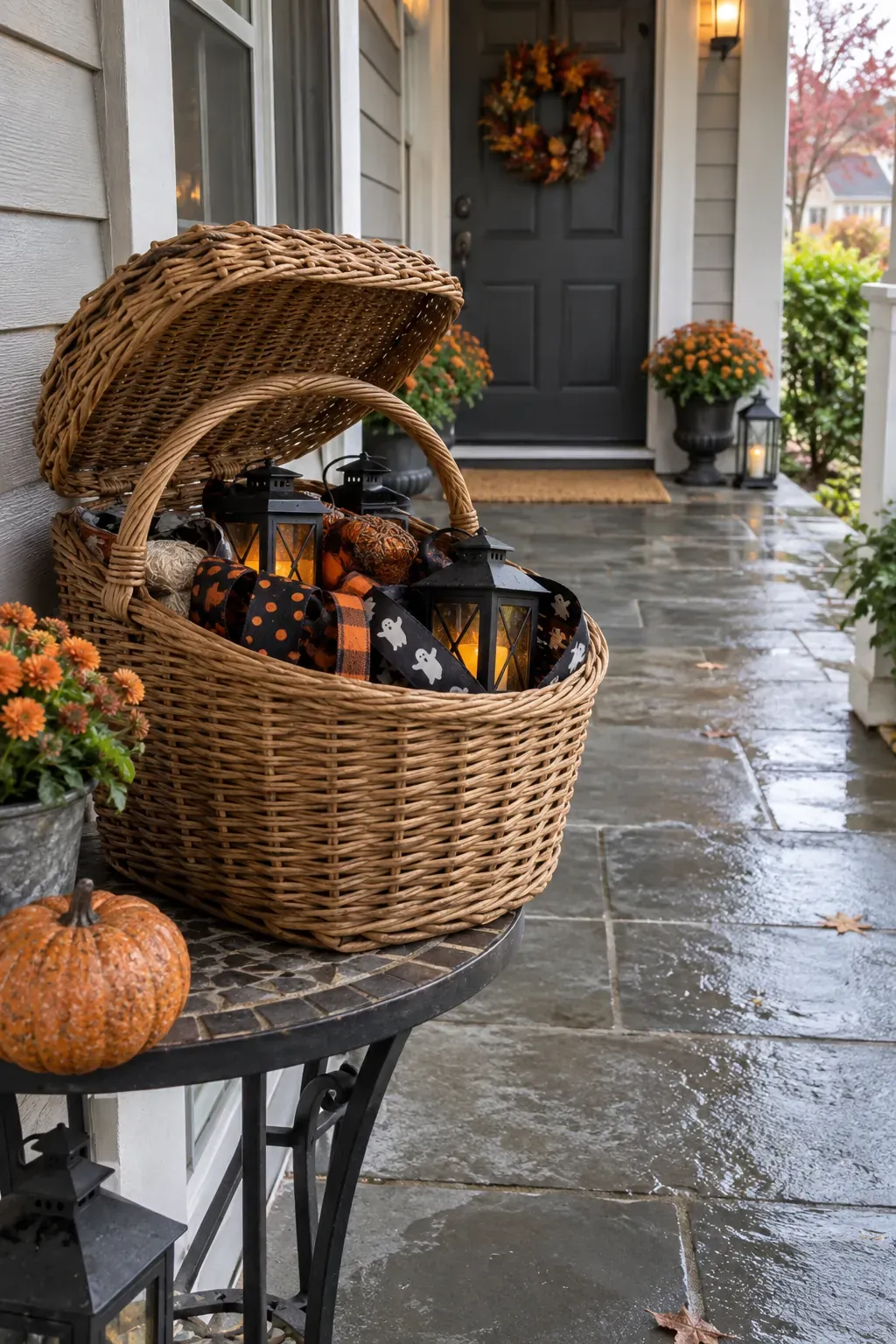 Outdoor Halloween entryway showing a reset basket for windy nights