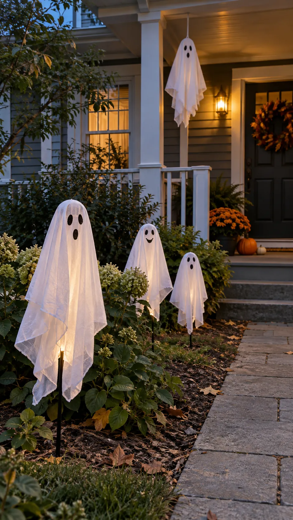 Handmade outdoor ghost decorations on a sheltered porch and garden