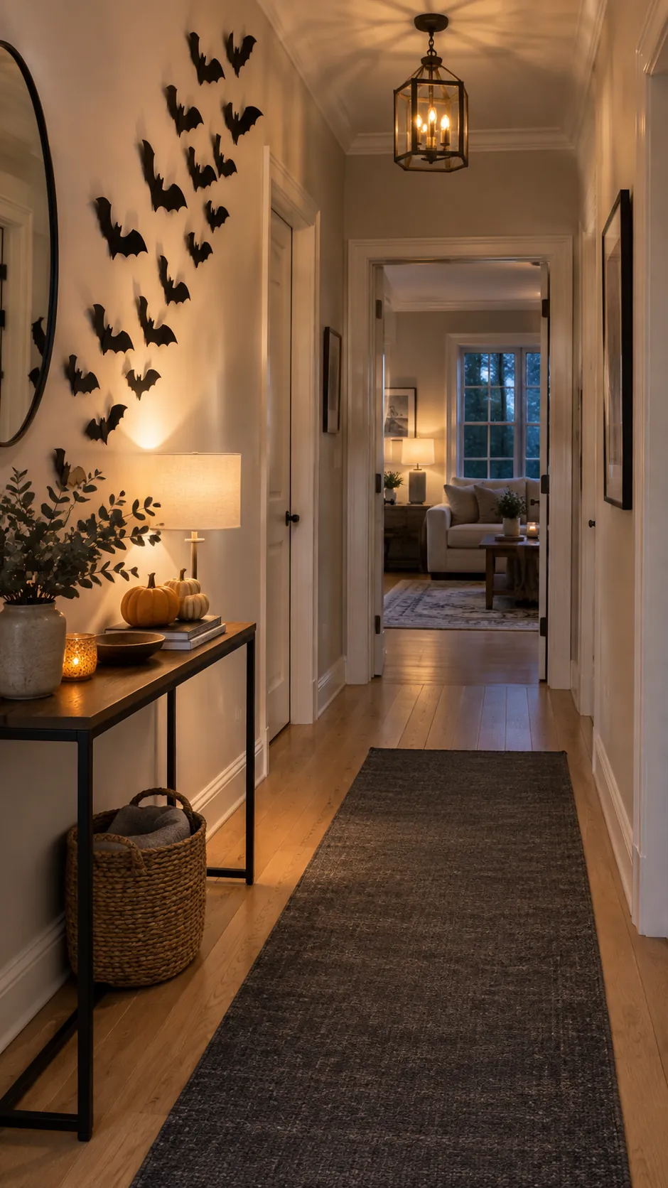 Welcoming Halloween hallway with paper bats, warm lighting, and a clear walking path