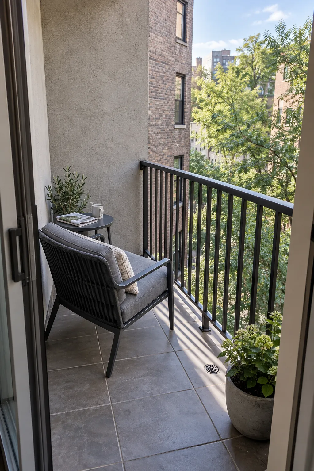 Apartment balcony with a clear diagonal view beyond a low chair