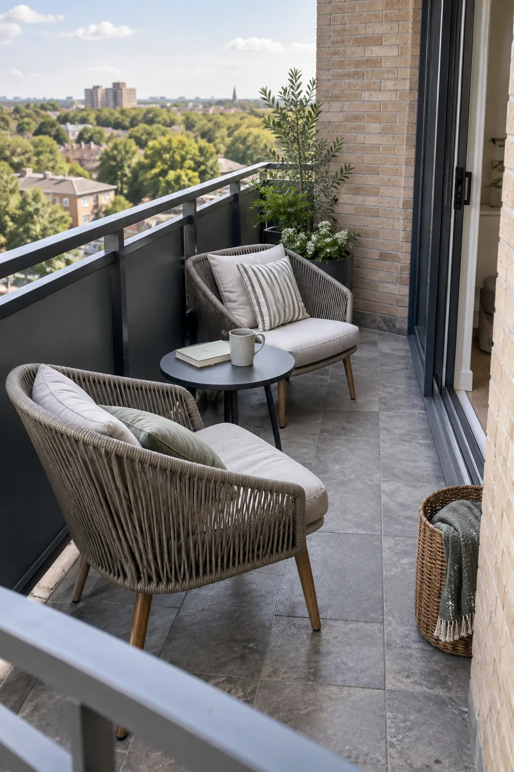 Two compact comfortable chairs angled toward an open balcony view