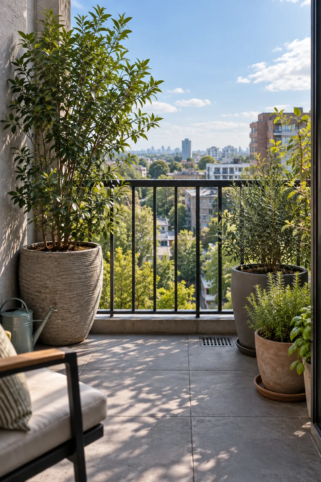 Asymmetric balcony planters framing a clear view between them