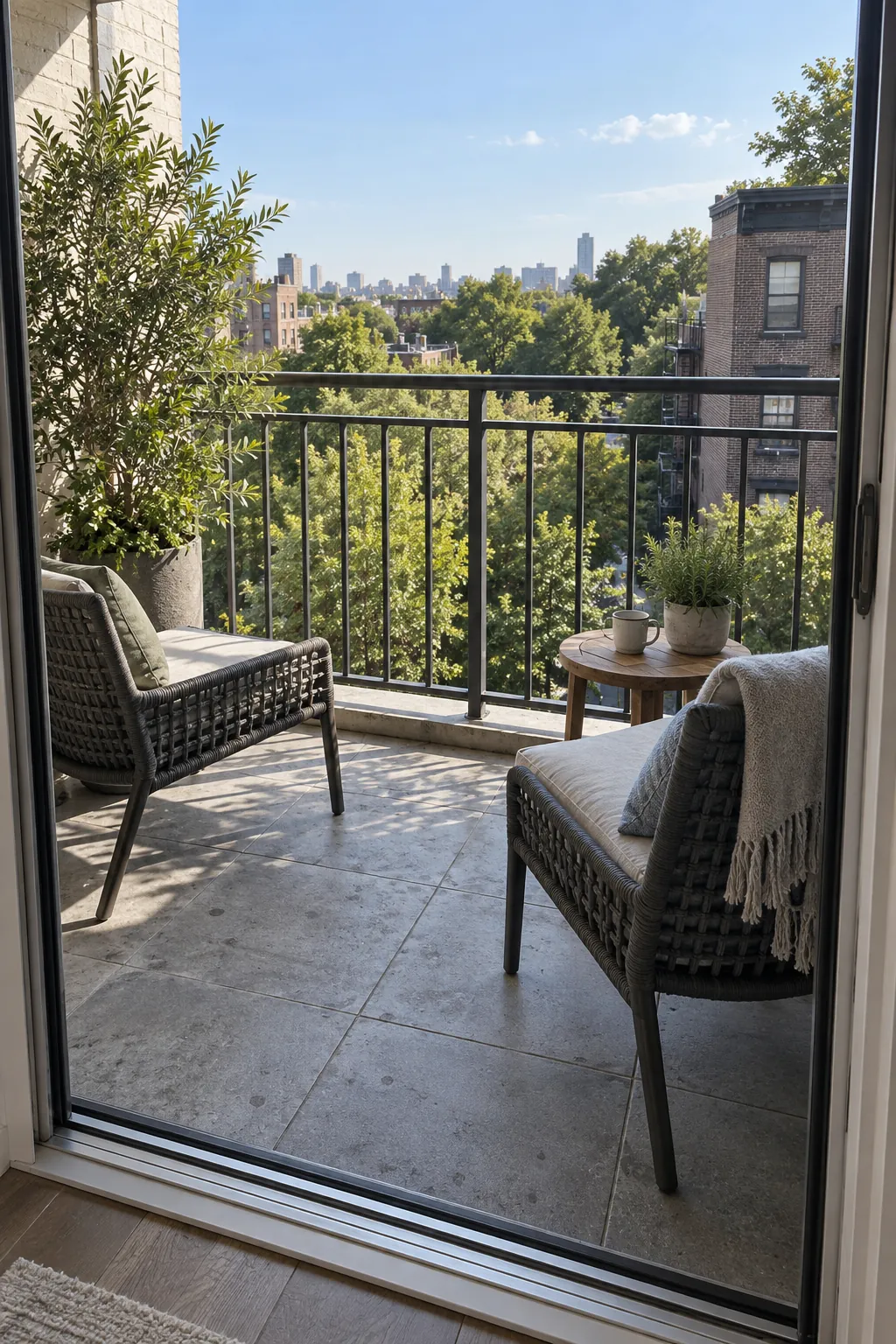Small apartment balcony styled around an open green city view