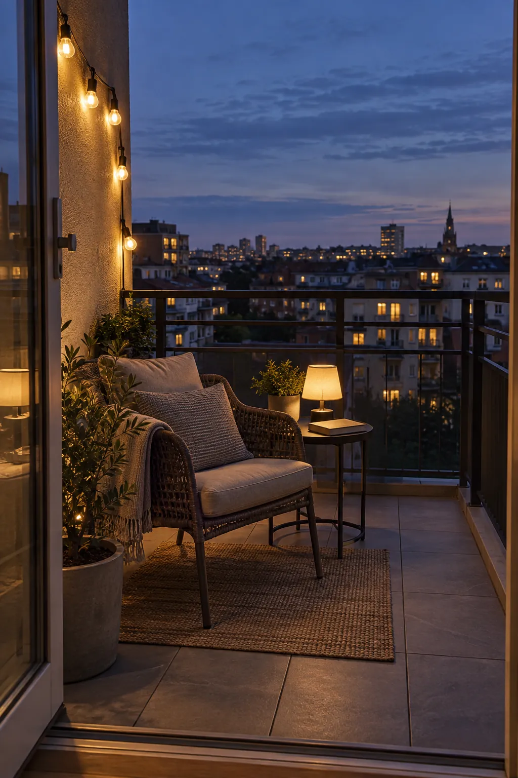 Warm side lighting on a balcony with an unobstructed evening view