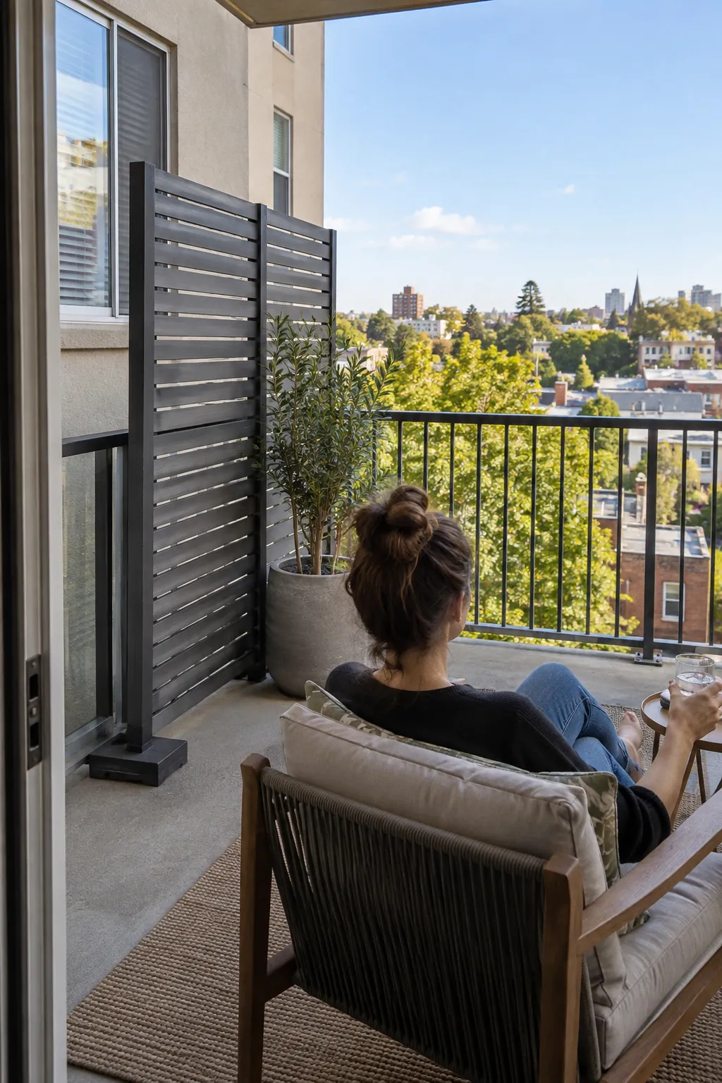 Side privacy screen shielding balcony seating while front view remains open