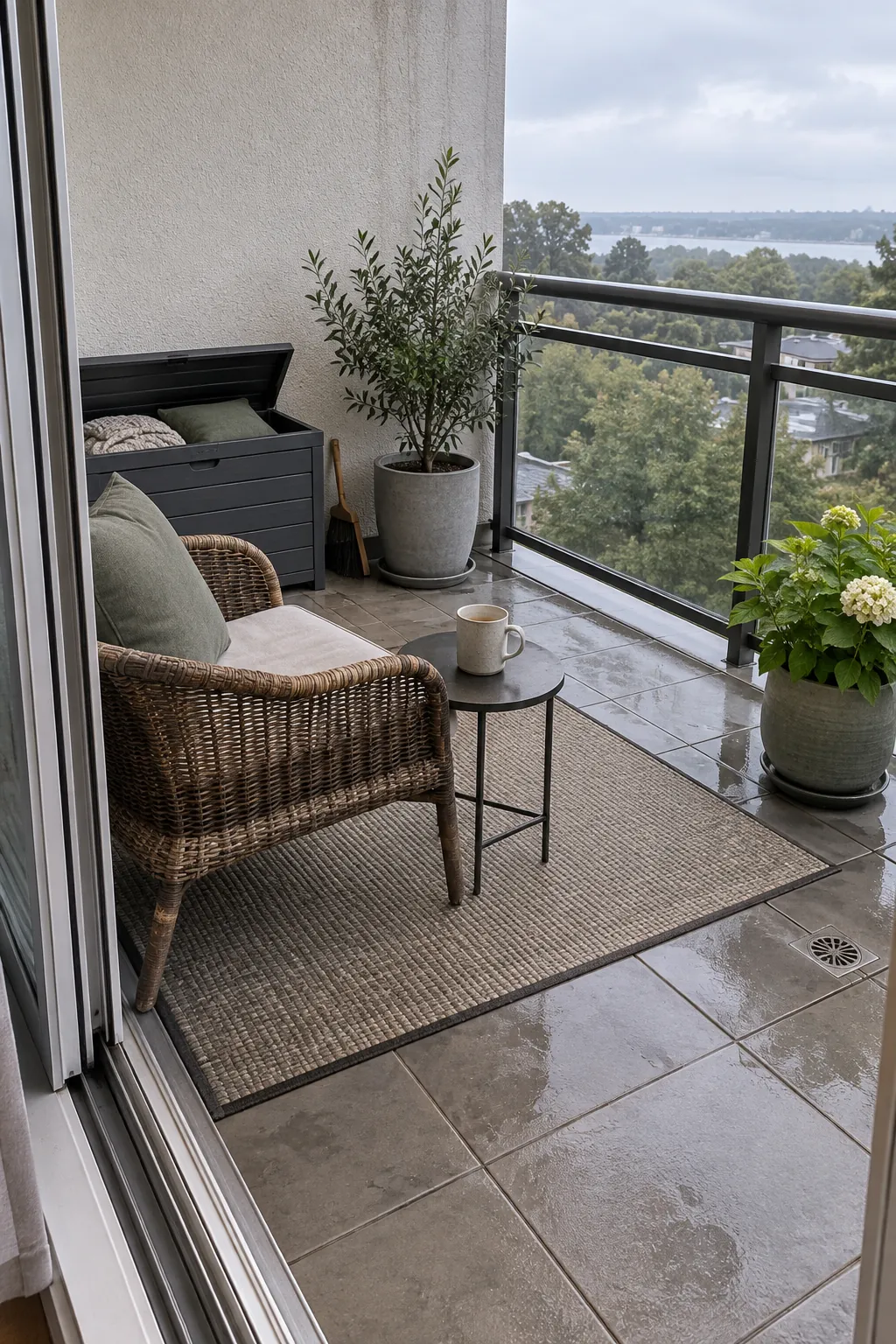 Uncluttered small balcony with practical storage and clear walking space