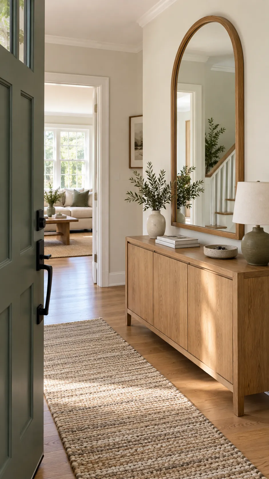 Welcoming foyer with arched entryway mirror and slim console