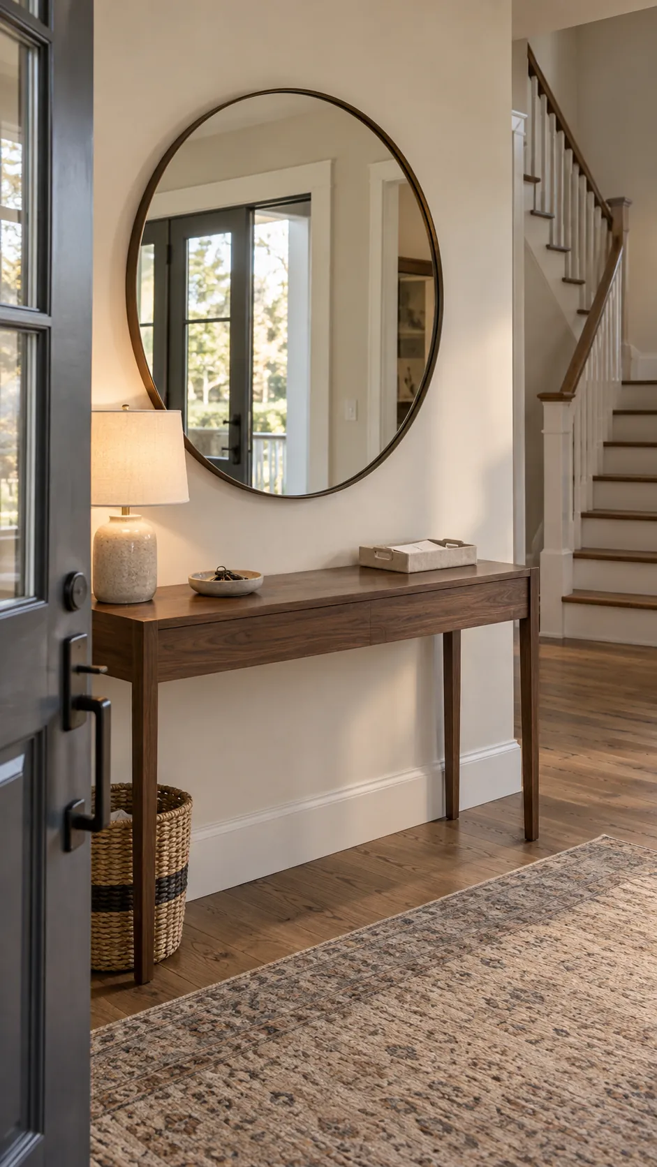 Round Mirror Above a Console in a practical home entryway